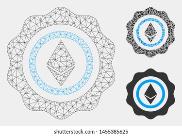Mesh Ethereum seal model with triangle mosaic icon. Wire carcass polygonal mesh of Ethereum seal. Vector mosaic of triangle parts in variable sizes and color tints. Abstract 2d mesh Ethereum seal,