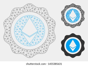 Mesh Ethereum seal model with triangle mosaic icon. Wire frame polygonal mesh of Ethereum seal. Vector composition of triangles in different sizes and color shades. Abstract 2d mesh Ethereum seal,