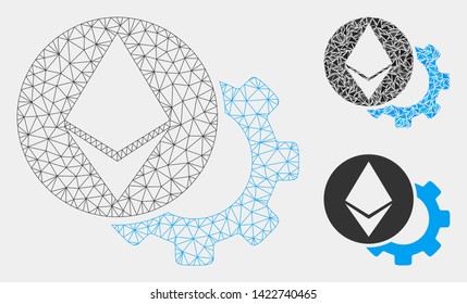 Mesh Ethereum settings gear model with triangle mosaic icon. Wire carcass polygonal mesh of Ethereum settings gear. Vector mosaic of triangle elements in variable sizes and color shades.