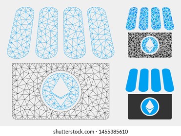 Mesh Ethereum shop model with triangle mosaic icon. Wire carcass triangular network of Ethereum shop. Vector mosaic of triangle elements in variable sizes and color tones.