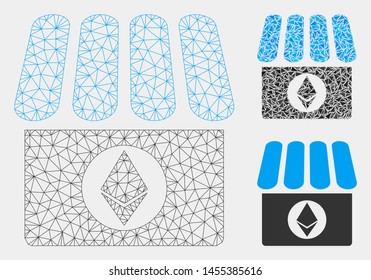 Mesh Ethereum shop model with triangle mosaic icon. Wire carcass polygonal mesh of Ethereum shop. Vector mosaic of triangle elements in various sizes and color tinges. Abstract 2d mesh Ethereum shop,