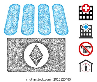 Ilustración vectorial de icono web de Mesh Ethereum shop. El modelo Carcass se basa en el icono plano de Ethereum shop. Formas de red abstract Ethereum shop caja plana.