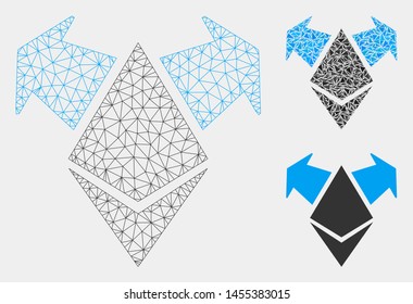 Mesh Ethereum spend arrows model with triangle mosaic icon. Wire carcass polygonal mesh of Ethereum spend arrows. Vector mosaic of triangles in variable sizes and color hues.
