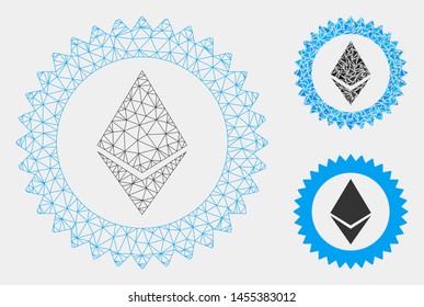 Mesh Ethereum stamp seal model with triangle mosaic icon. Wire carcass polygonal network of Ethereum stamp seal. Vector composition of triangle parts in various sizes and color hues.