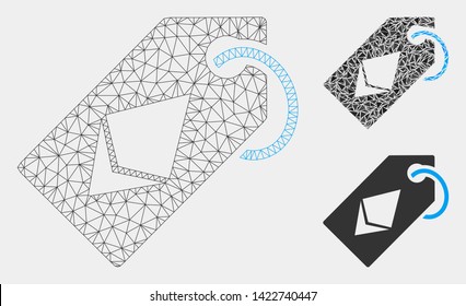 Mesh Ethereum tag model with triangle mosaic icon. Wire carcass triangular network of Ethereum tag. Vector composition of triangle parts in different sizes and color tinges.