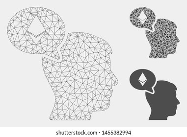 Mesh Ethereum thinking man model with triangle mosaic icon. Wire frame triangular mesh of Ethereum thinking man. Vector mosaic of triangle parts in various sizes and color tones.
