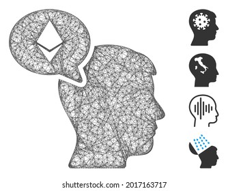 Mesh Ethereum thinking man web icon vector illustration. Model is based on Ethereum thinking man flat icon. Mesh forms abstract Ethereum thinking man flat model.