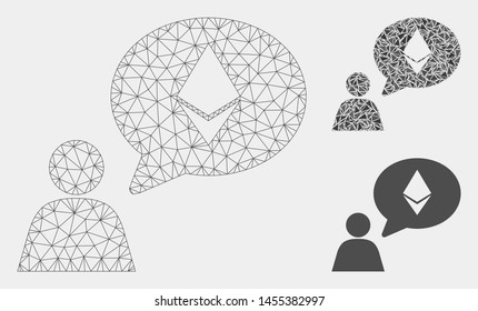 Mesh Ethereum thinking person model with triangle mosaic icon. Wire carcass triangular network of Ethereum thinking person. Vector mosaic of triangle elements in variable sizes and color shades.