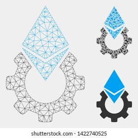 Mesh Ethereum tools gear model with triangle mosaic icon. Wire frame triangular mesh of Ethereum tools gear. Vector mosaic of triangle elements in various sizes and color hues.