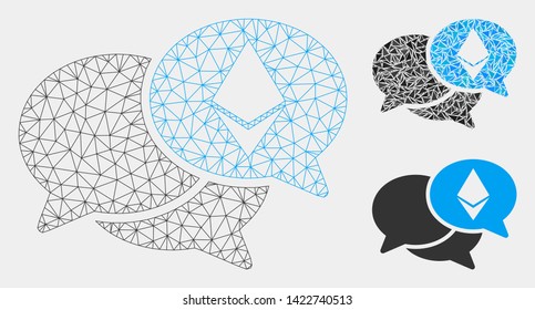 Mesh Ethereum webinar messages model with triangle mosaic icon. Wire frame triangular mesh of Ethereum webinar messages. Vector mosaic of triangle elements in variable sizes and color tinges.