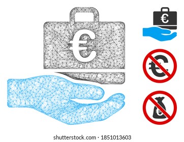 Mesh Euro accounting hand polygonal web 2d vector illustration. Carcass model is based on Euro accounting hand flat icon. Triangle mesh forms abstract Euro accounting hand flat carcass.