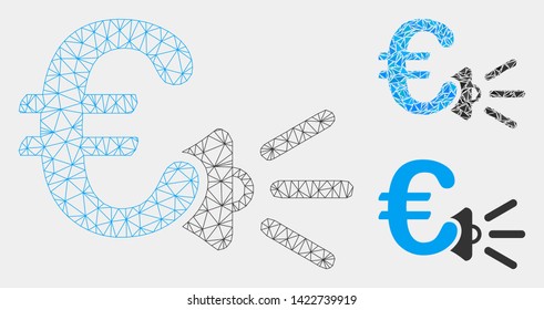 Mesh Euro ads megaphone model with triangle mosaic icon. Wire frame polygonal mesh of Euro ads megaphone. Vector composition of triangle elements in variable sizes and color hues.