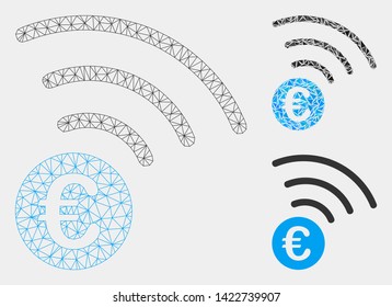 Mesh Euro announce model with triangle mosaic icon. Wire frame triangular mesh of Euro announce. Vector mosaic of triangle elements in different sizes and color tints. Abstract 2d mesh Euro announce,