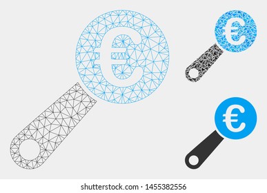 Mesh Euro audit model with triangle mosaic icon. Wire carcass triangular mesh of Euro audit. Vector composition of triangle parts in various sizes and color shades. Abstract flat mesh Euro audit,