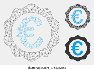 Mesh Euro award seal model with triangle mosaic icon. Wire frame triangular mesh of Euro award seal. Vector collage of triangle parts in various sizes and color tinges.