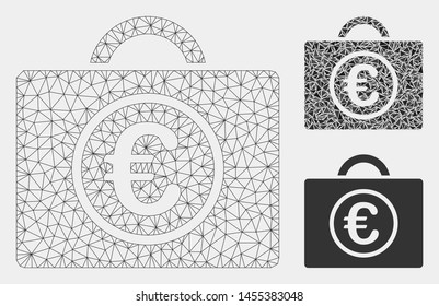 Mesh Euro baggage model with triangle mosaic icon. Wire frame triangular mesh of Euro baggage. Vector mosaic of triangle parts in variable sizes and color shades. Abstract flat mesh Euro baggage,