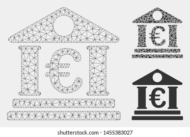 Mesh Euro bank building model with triangle mosaic icon. Wire frame triangular mesh of Euro bank building. Vector mosaic of triangle elements in various sizes and color shades.