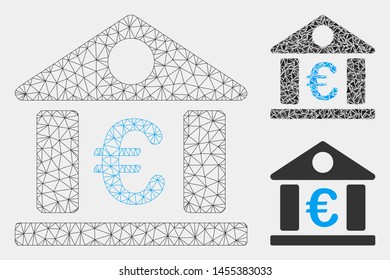 Mesh Euro bank museum model with triangle mosaic icon. Wire frame triangular mesh of Euro bank museum. Vector mosaic of triangles in various sizes and color tinges. Abstract 2d mesh Euro bank museum,