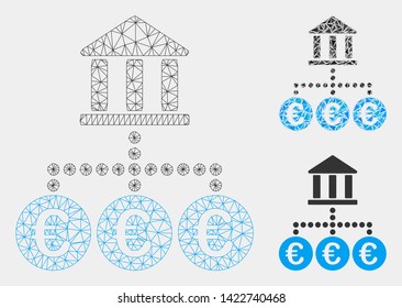 Mesh Euro bank transactions model with triangle mosaic icon. Wire carcass polygonal mesh of Euro bank transactions. Vector mosaic of triangle parts in different sizes and color shades.