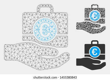 Mesh Euro banking service hand model with triangle mosaic icon. Wire frame polygonal mesh of Euro banking service hand. Vector mosaic of triangles in different sizes and color shades.