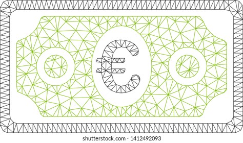 Mesh euro banknote model icon. Wire frame triangular mesh of vector euro banknote isolated on a white background. Abstract 2d mesh created from triangular lines and circle nodes.