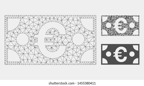 Mesh Euro banknote model with triangle mosaic icon. Wire frame polygonal mesh of Euro banknote. Vector collage of triangles in variable sizes and color shades. Abstract 2d mesh Euro banknote,