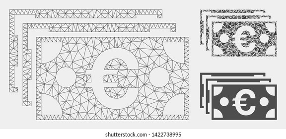 Mesh Euro banknotes model with triangle mosaic icon. Wire frame polygonal mesh of Euro banknotes. Vector mosaic of triangles in different sizes and color tinges. Abstract 2d mesh Euro banknotes,
