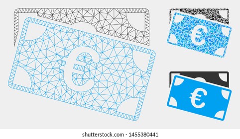 Mesh Euro banknotes model with triangle mosaic icon. Wire frame triangular mesh of Euro banknotes. Vector mosaic of triangle elements in various sizes and color tinges.