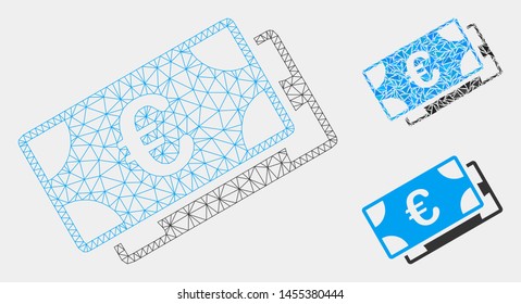 Mesh Euro banknotes model with triangle mosaic icon. Wire frame triangular mesh of Euro banknotes. Vector mosaic of triangle parts in different sizes and color tints. Abstract 2d mesh Euro banknotes,