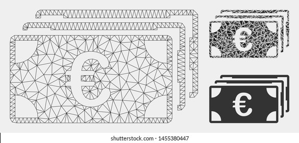 Mesh Euro banknotes model with triangle mosaic icon. Wire frame triangular mesh of Euro banknotes. Vector composition of triangle parts in different sizes and color tints.