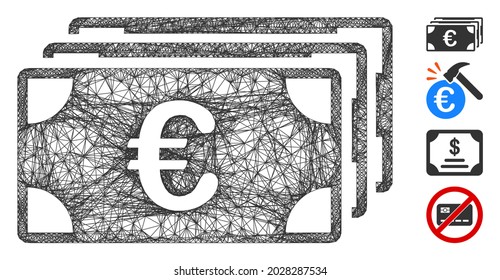 Mesh Euro banknotes web 2d vector illustration. Carcass model is based on Euro banknotes flat icon. Network forms abstract Euro banknotes flat model.