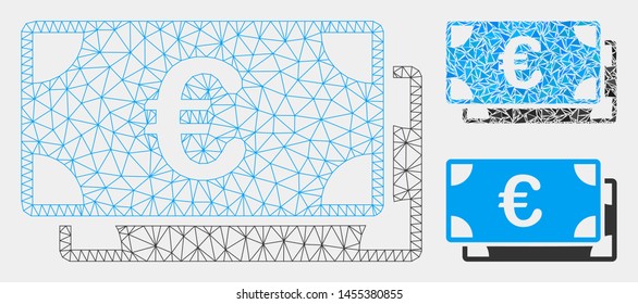 Mesh Euro bills model with triangle mosaic icon. Wire frame triangular mesh of Euro bills. Vector mosaic of triangle elements in various sizes and color tones. Abstract flat mesh Euro bills,