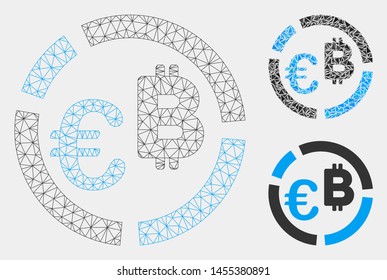 Mesh Euro Bitcoin diagram model with triangle mosaic icon. Wire frame polygonal mesh of Euro Bitcoin diagram. Vector mosaic of triangle parts in different sizes and color tints.