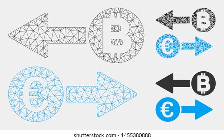 Mesh Euro Bitcoin exchange model with triangle mosaic icon. Wire frame polygonal network of Euro Bitcoin exchange. Vector mosaic of triangle parts in various sizes and color tints.