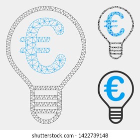 Mesh Euro bulb model with triangle mosaic icon. Wire carcass polygonal network of Euro bulb. Vector mosaic of triangle parts in different sizes and color tints. Abstract 2d mesh Euro bulb,