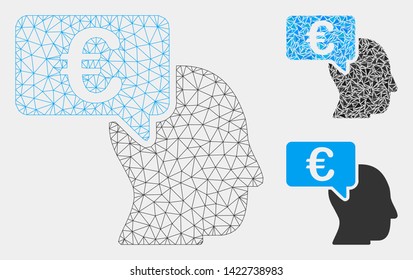 Mesh Euro businessman idea model with triangle mosaic icon. Wire carcass polygonal mesh of Euro businessman idea. Vector mosaic of triangle parts in various sizes and color tinges.