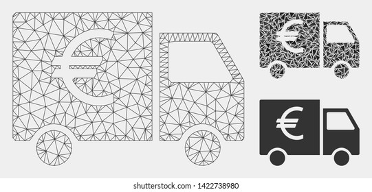 Mesh Euro car model with triangle mosaic icon. Wire frame triangular mesh of Euro car. Vector composition of triangles in different sizes and color tints. Abstract flat mesh Euro car,