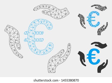 Mesh Euro care hands model with triangle mosaic icon. Wire carcass polygonal mesh of Euro care hands. Vector mosaic of triangles in different sizes and color tinges.