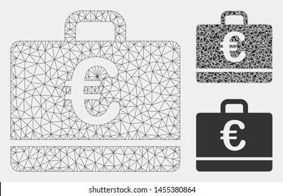 Mesh Euro case model with triangle mosaic icon. Wire carcass polygonal network of Euro case. Vector mosaic of triangle elements in variable sizes and color shades. Abstract 2d mesh Euro case,