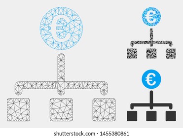 Mesh Euro Cash Flow Model With Triangle Mosaic Icon. Wire Carcass Triangular Network Of Euro Cash Flow. Vector Mosaic Of Triangle Parts In Variable Sizes And Color Tints.