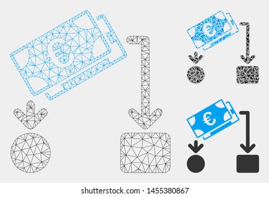 Mesh Euro Cash Flow Model With Triangle Mosaic Icon. Wire Carcass Triangular Mesh Of Euro Cash Flow. Vector Collage Of Triangles In Variable Sizes And Color Shades. Abstract Flat Mesh Euro Cash Flow,