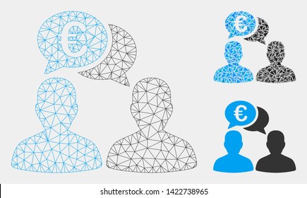 Mesh Euro chat model with triangle mosaic icon. Wire carcass polygonal network of Euro chat. Vector mosaic of triangle elements in variable sizes and color tones. Abstract flat mesh Euro chat,