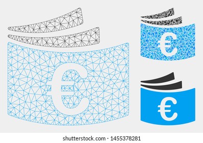 Mesh Euro checkbook model with triangle mosaic icon. Wire carcass polygonal mesh of Euro checkbook. Vector composition of triangle elements in different sizes and color tinges.