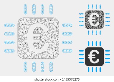Mesh Euro chip model with triangle mosaic icon. Wire carcass polygonal mesh of Euro chip. Vector mosaic of triangle elements in various sizes and color tinges. Abstract flat mesh Euro chip,