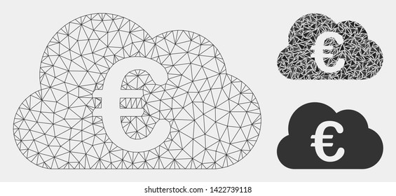 Mesh Euro cloud model with triangle mosaic icon. Wire frame triangular mesh of Euro cloud. Vector mosaic of triangle elements in various sizes and color shades. Abstract flat mesh Euro cloud,