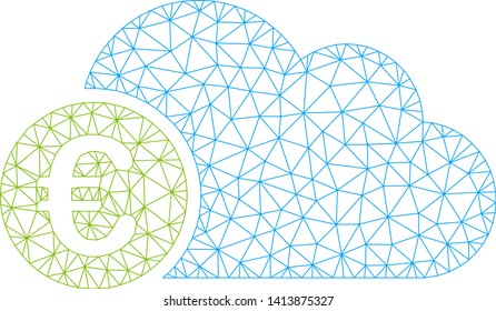 Mesh euro cloud polygonal 2d vector illustration. Model is based on euro cloud flat icon. Triangle network forms abstract euro cloud flat model.