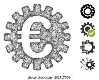 Mesh Euro cog web icon vector illustration. Carcass model is created from Euro cog flat icon. Network forms abstract Euro cog flat carcass. Wire frame flat web network isolated on a white background.