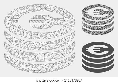 Mesh Euro coin column model with triangle mosaic icon. Wire frame polygonal mesh of Euro coin column. Vector collage of triangle elements in various sizes and color tones.