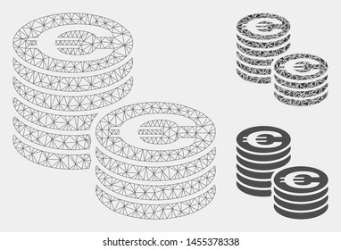 Mesh Euro coin columns model with triangle mosaic icon. Wire carcass polygonal mesh of Euro coin columns. Vector composition of triangle elements in different sizes and color hues.