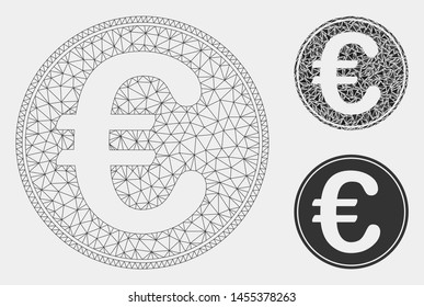 Mesh Euro coin model with triangle mosaic icon. Wire carcass triangular mesh of Euro coin. Vector mosaic of triangle parts in various sizes and color shades. Abstract flat mesh Euro coin,
